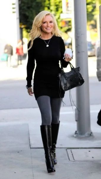 Black Tunic Sweater with Grey Leggings & Leather Knee High Boots