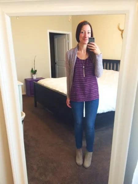 Grey Cardigan with Purple Striped Vest Top