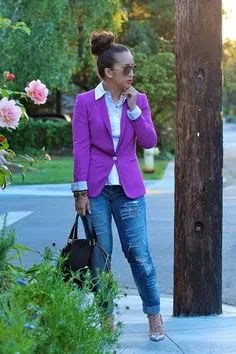 Purple Blazer with White Shirt & Boyfriend Jeans