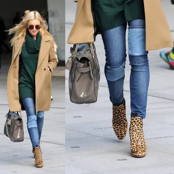 Black Cowl Neck Tunic Sweater with Camel Blazer & Animal Print Boots