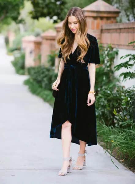 Black Maxi High Low Velvet Wrap Dress