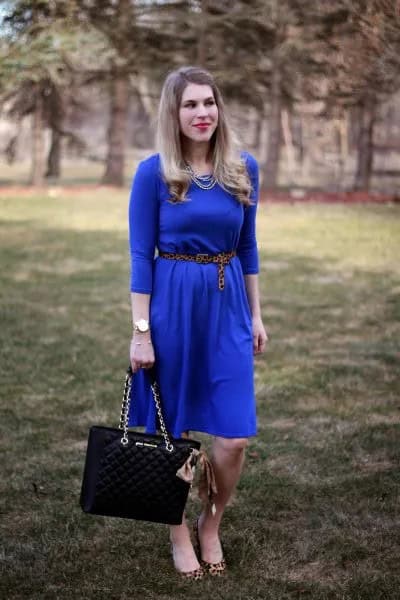 Cobalt Blue Three Quarter Sleeve Belted Midi Flared Dress