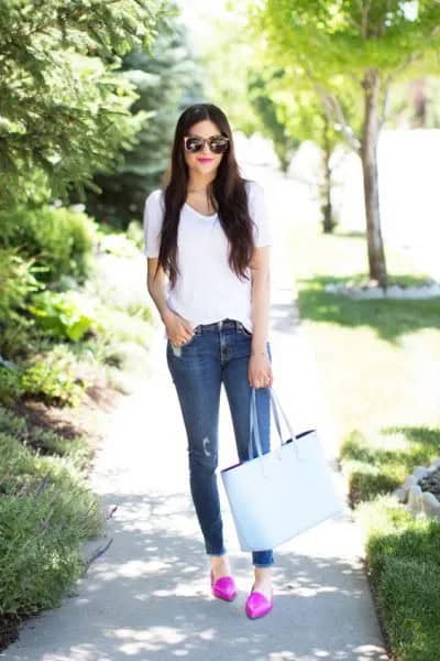 Pink Loafers with White T Shirt & Jeans