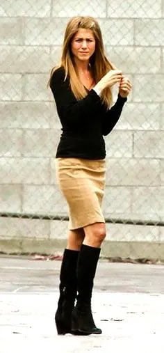 Black Knit Sweater with Khaki Knee Length Skirt