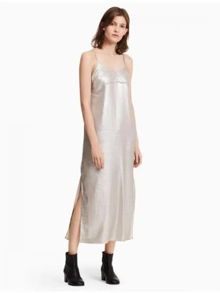 Silver Scoop Neck Spaghetti Strap Maxi Dress with Black Leather Ankle Boots