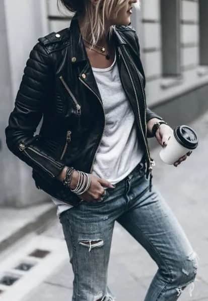 Black Leather Moto Jacket & Jeans