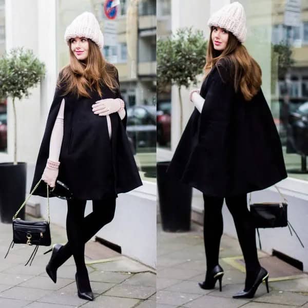 White Long Sleeve Form Fitting Tee with Black Cape Coat