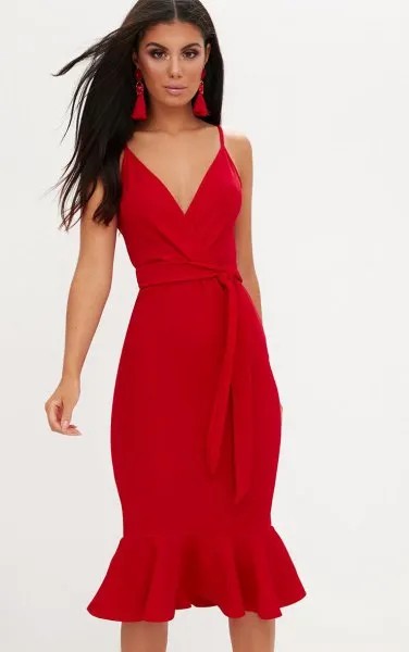 Red Tie Waist Midi Mermaid Slip Dress with Matching Heels