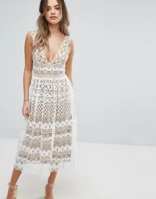 White Midi Fit and Flare Deep V Neck Lace Dress