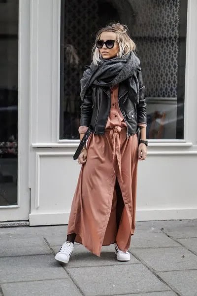 Green Shirt Dress with Black Leather Jacket & Grey Scarf