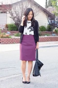 Black Cardigan with White Printed Sweater & Purple Pencil skirt