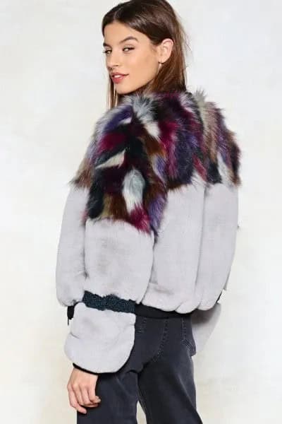 White and Black Printed Faux Fur Jacket with Navy Blue Pants