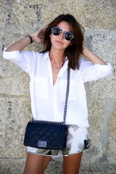 White Linen Shirt with Pink Floral Mini Shorts