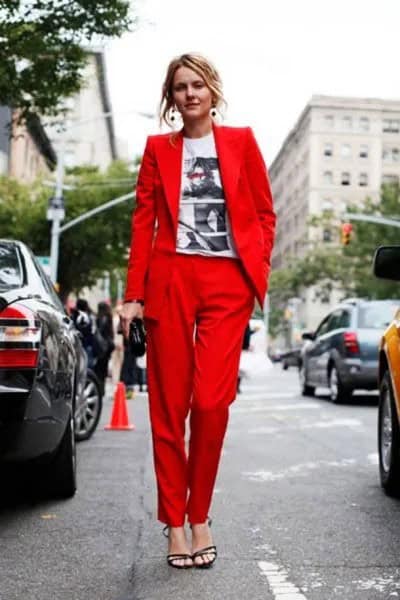 White Graphic Tee with Red Suit Jacket & Matching Pants