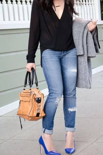 Black Deep V Neck Wrap Blouse with Cuffed Skinny Jeans