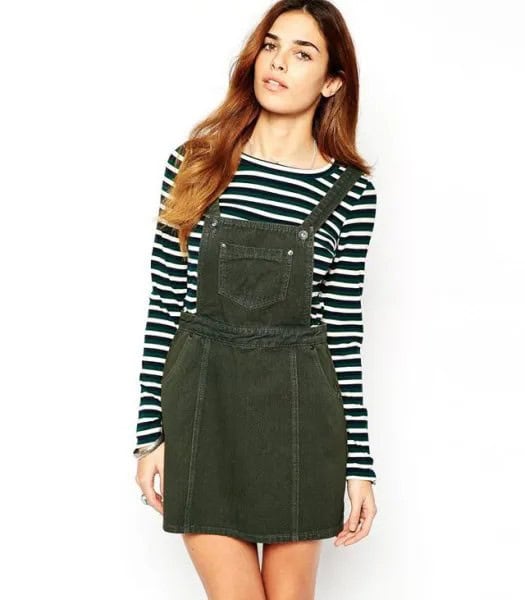 Black and White Long Sleeve Tee with Black Denim Pinafore Dress