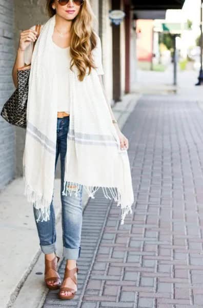 White Long Fringe Scarf with White Cropped Tee & Cuffed Blue Jeans