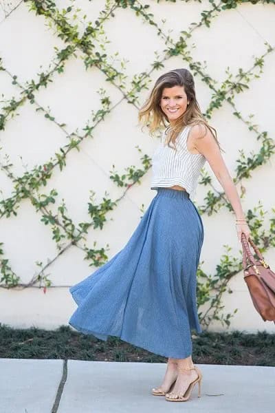 Grey Sleeveless Cropped Top with Blue Maxi Linen Skirt