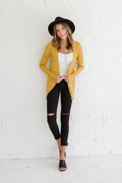 Yellow Cardigan with Black Felt Hat & Cropped Skinny Jeans