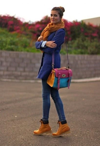 Blue Trench Coat & Brown Scarf