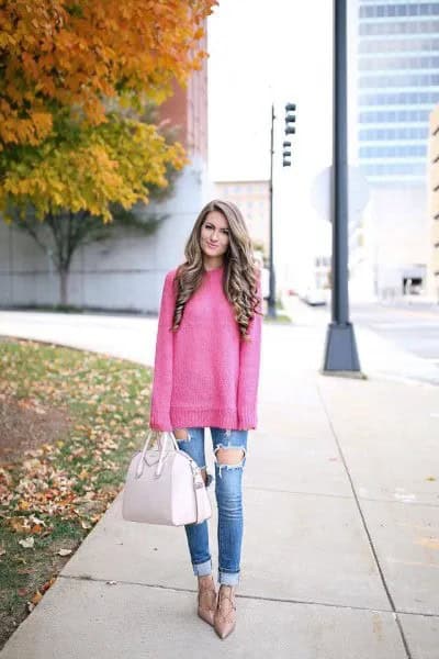 Hot Pink Chunky Knit Pullover with Blue Heavily Ripped Jeans