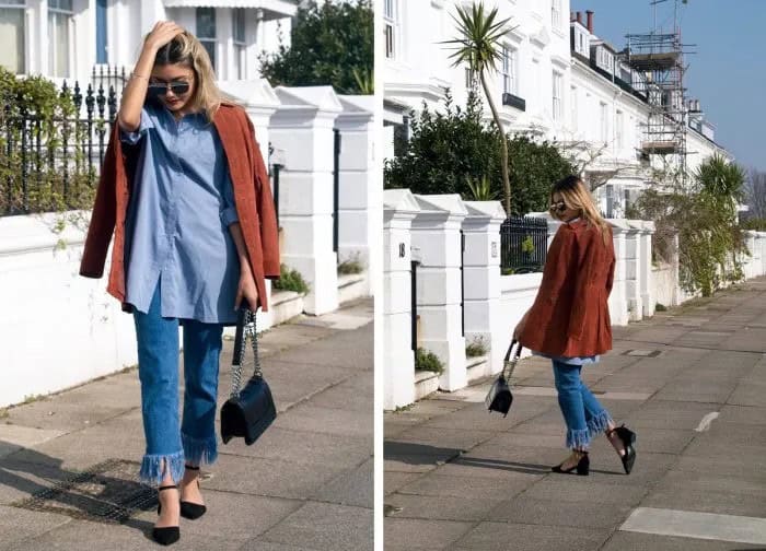 Chambray Shirt with Brown Corduroy Blazer & Fringe Hem Jeans