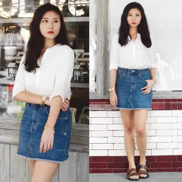 White Shirt with High Waisted Bodycon Mini Denim Skirt