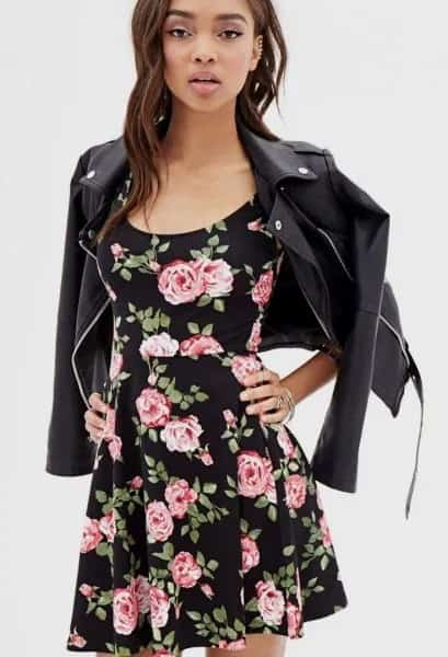 Black Floral Skater Dress with Leather Jacket