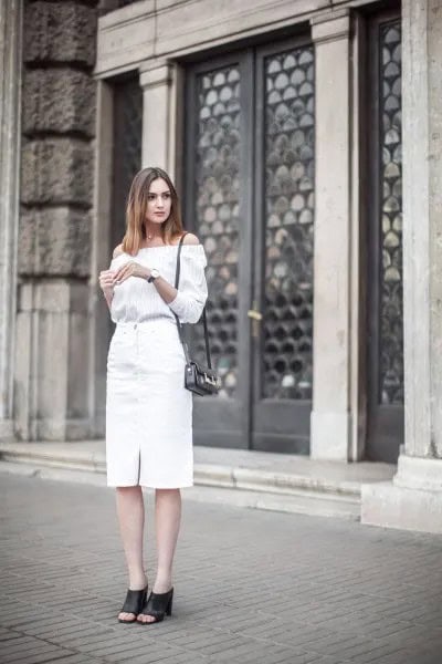 Off The Shoulder Blouse with White Midi Denim Skirt