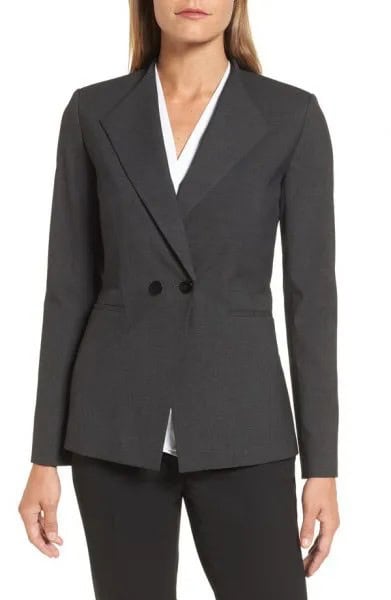 Grey Double Breasted Slim Fit Suit with White V Neck Blouse