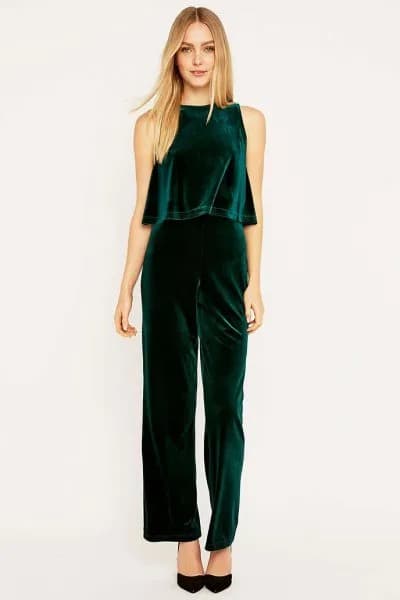 Black Faux Two-Piece Velvet Jumpsuit