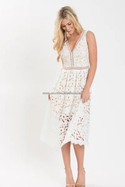 White V Neck Fit and Flare Tank Midi Lace Dress with Open Toe Heels