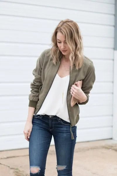 Deep V Neck Chiffon Blouse with Olive Jacket & Ripped Jeans