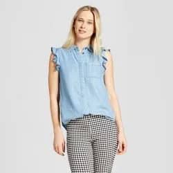 Chambray Sleeveless Ruffle Shirt with Black and White Plaid Skinny Pants