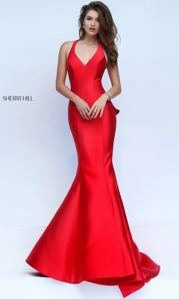 Red Silk V Neck Sleeveless Mermaid Prom Dress