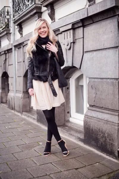 Black Velvet Shearling jacket with Pale Pink Chiffon Flared Mini Dress