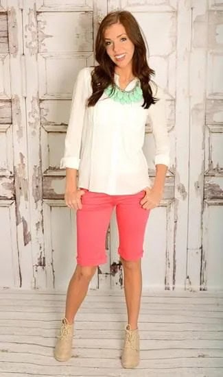 White Chiffon Blouse with Pink Knee Length Shorts