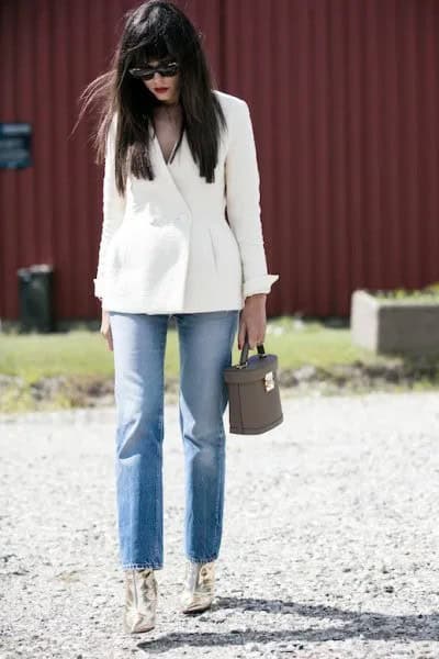 White Blazer with Mom Jeans & Gold Ankle Boots