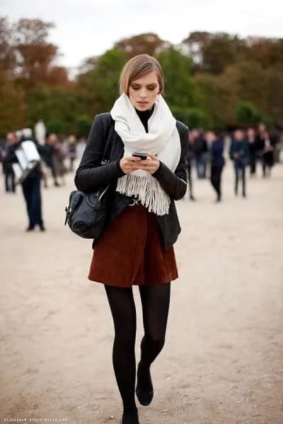 Black Blazer with White Fringe Scarf & Mini Skirt