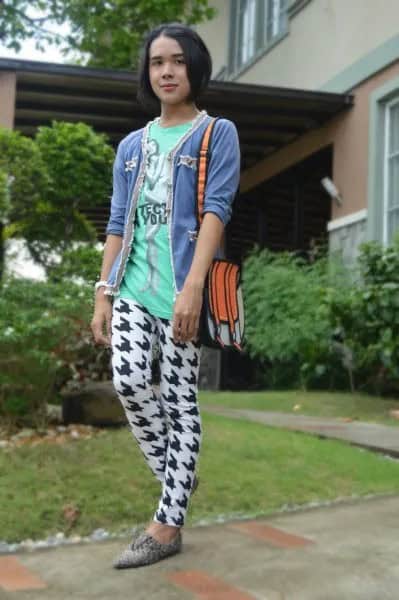 Blue Cardigan with Blush Pink Graphic Tee & Animal Printed Leggings