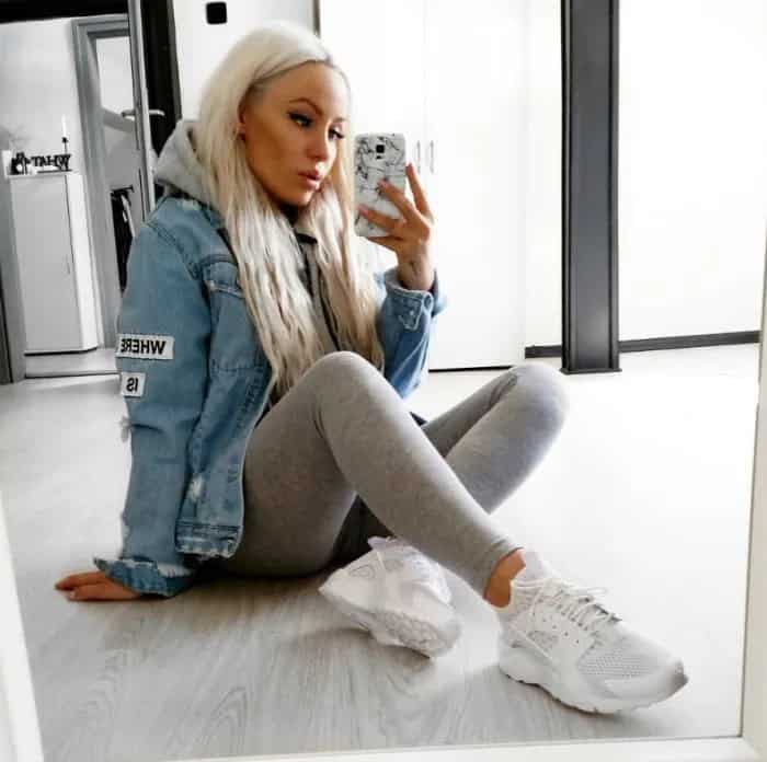 Blue Denim Jacket with Light Grey Leggings & Running Shoes