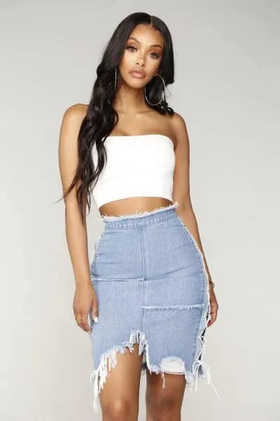 Crop Top with Light Blue Distressed High Rise Denim Mini Skirt