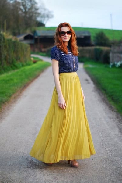 Navy Short Sleeve Blouse with Lemon Yellow Maxi Pleated Skirt