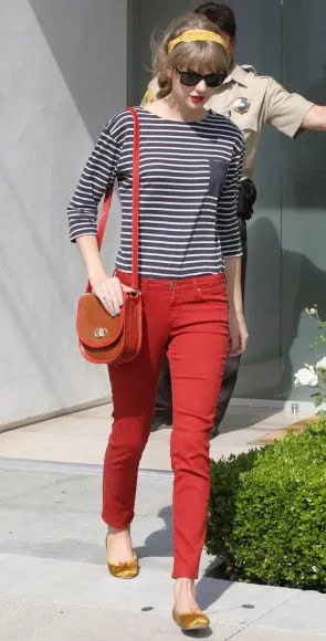 Black and White Striped Tee with Red Skinny Jeans