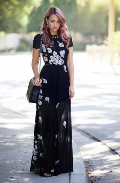 Black Floral Tee with Matching Sheer Maxi Skirt