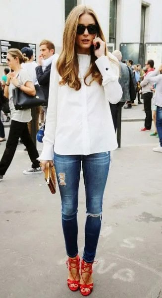 Red Strappy Shoes with White Shirt & Skinny Jeans