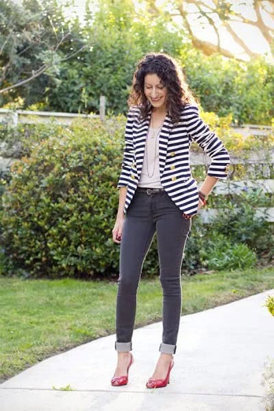 Black and White Horizontal Striped Double Breasted Blazer with Grey Jeans