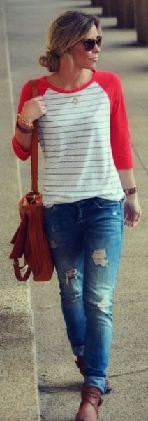 Red and White Striped Baseball Tee with Ripped Boyfriend Jeans