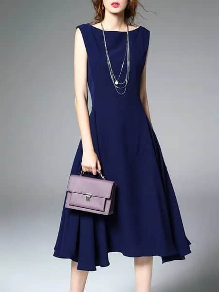 Navy Fit and Flare Ruffle Midi Dress