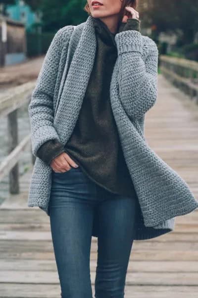 Wear with Dark Grey Cowl Neck Sweater & Skinny Jeans